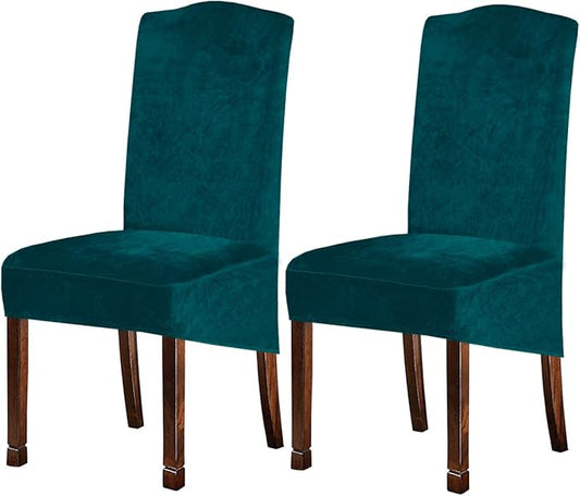Velvet Plush XL Dining Chair Covers, Stretch Chaircover, Spandex High Chairs Protector Covers Seat Slipcover with Elastic Band for Dining Room,Wedding, Ceremony, Banquet (Teal, Set of 2)