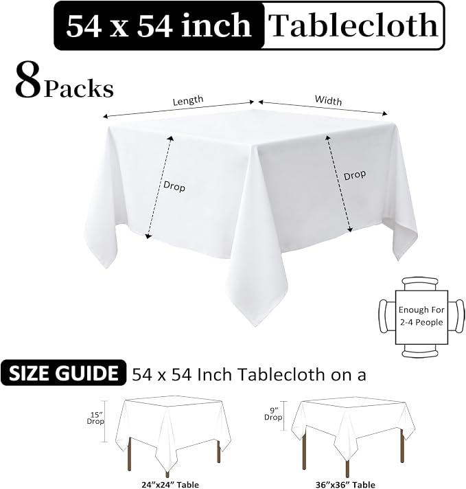 8 Pack White Table Cloth 54 x 54 Inch Square Tablecloth, Wrinkle Resistant White Tablecloth Washable Polyester Fabric for Party Wedding Banquet