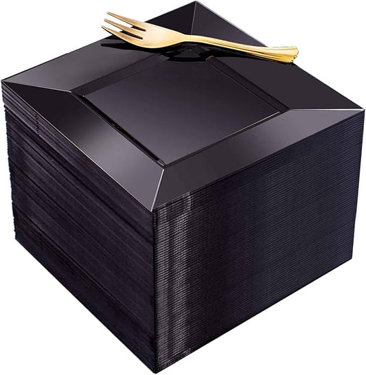 supernal 200pcs Black Dessert Plates with 100pcs Gold Dessert Forks,100pcsElegant Appetizer Salad Plastic Plates,Black Square Cake Plates for Party,Birthday, Wedding,Afternoon Tea Easter