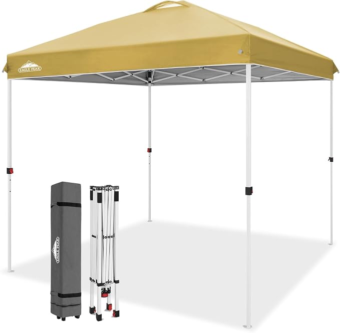EAGLE PEAK Pop Up Canopy Tent with Wheeled Carry Bag, 8 Stakes, 4 Ropes, Easy Set Up Tent Canopy, 8x8 ft, Beige