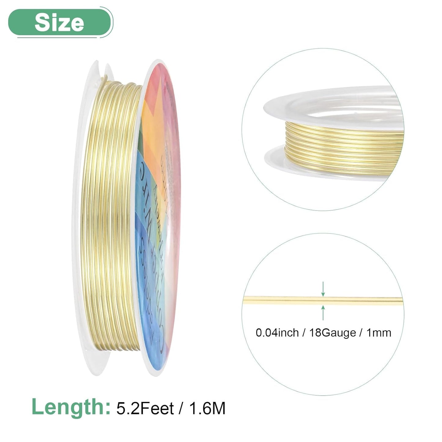1 mm/18 Gauge Copper Wire for Jewelry Making, 5.2FT Copper Beading Craft Wire for Jewelry/Weaving/DIY Crafting/Planting, Color-Retaining [1.6M, Light Golden]