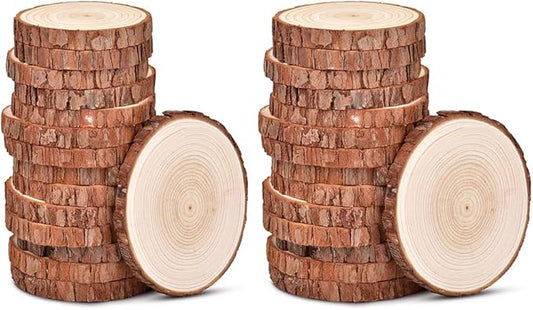 4.3-4.7 inch Unfinished Natural with Tree Bark Wood Slices 30 PCS Natural Round Discs Rustic Wood Slices for DIY Crafts, Table Base, Wedding Decoration,Coasters,Christmas Ornaments.