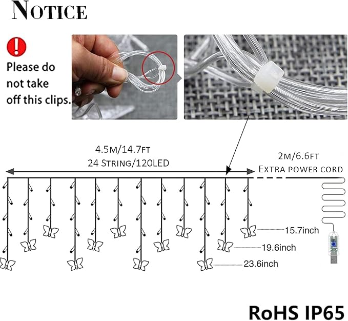 Butterfly Curtain Fairy Lights USB Plug in,8 Modes 120 LED 20FT Firefly Twinkle Timer String Lights with Remote, Waterproof Copper Wire for Bedroom Patio Christmas Wedding Party (Cool White)