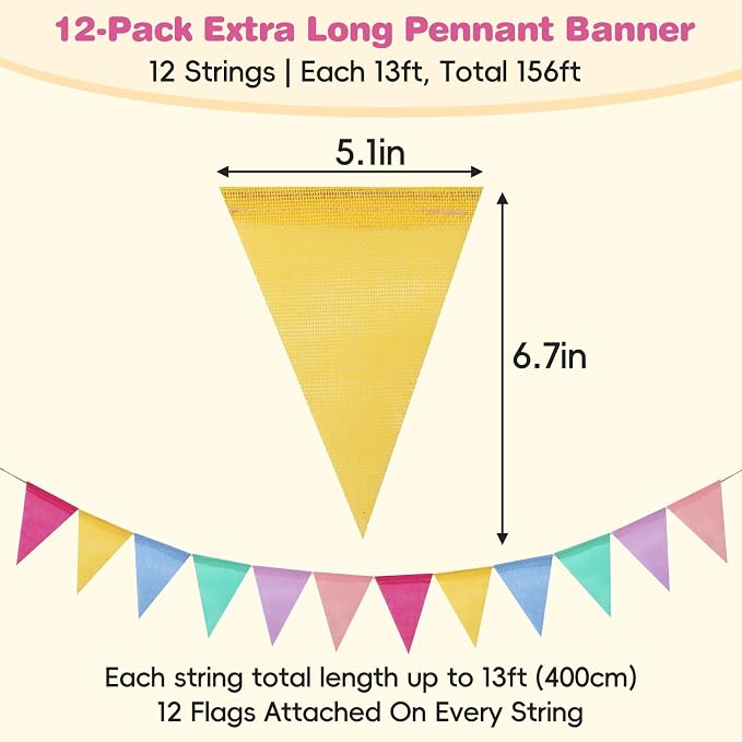 Pastel Pennant Banner Flags - 12 Strings 156ft Colorful Triangle Bunting Burlap for Birthday, Classroom, Graduation, Party, Carnival, Back to School & Outdoor Decorations