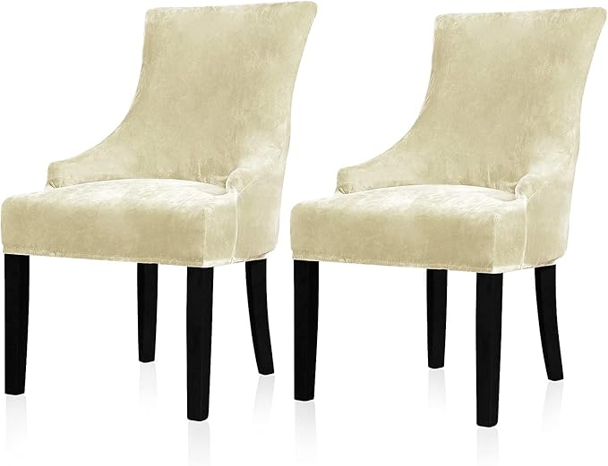 Lellen Velvet Stretch Wingback Chair Cover Slipcover - Reusable Protector Cover for Dining Room Banquet Home Decor etc Machine Washable Hand Washable (Cream, 2PC)