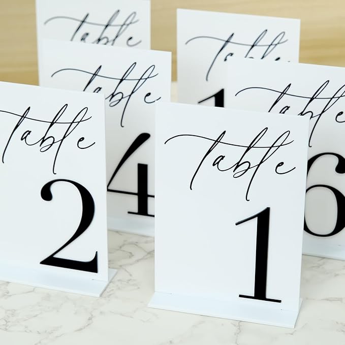 Acrylic Wedding Table Numbers 1-20 with Stands, 5"x7" White Acrylic Signs with 3D Black Numbers, White and Black Table Numbers for Wedding Reception, Anniversary, Event