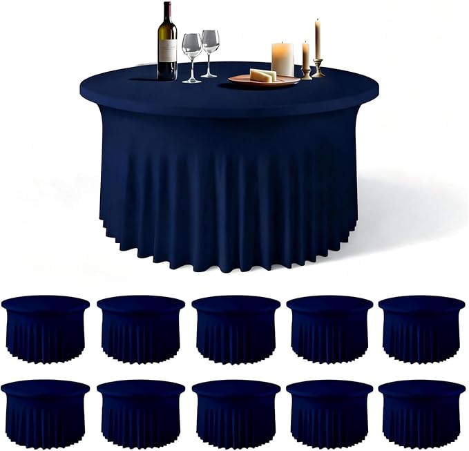 WJWHQ 10 Pack Navy Blue Round Spandex Tablecloths for 60in Tables, 120Inch Stretchy Fitted 5FT Round Table Clothes,Wrinkle Free Table Cover with Skirt for Wedding Party Dining Banquet