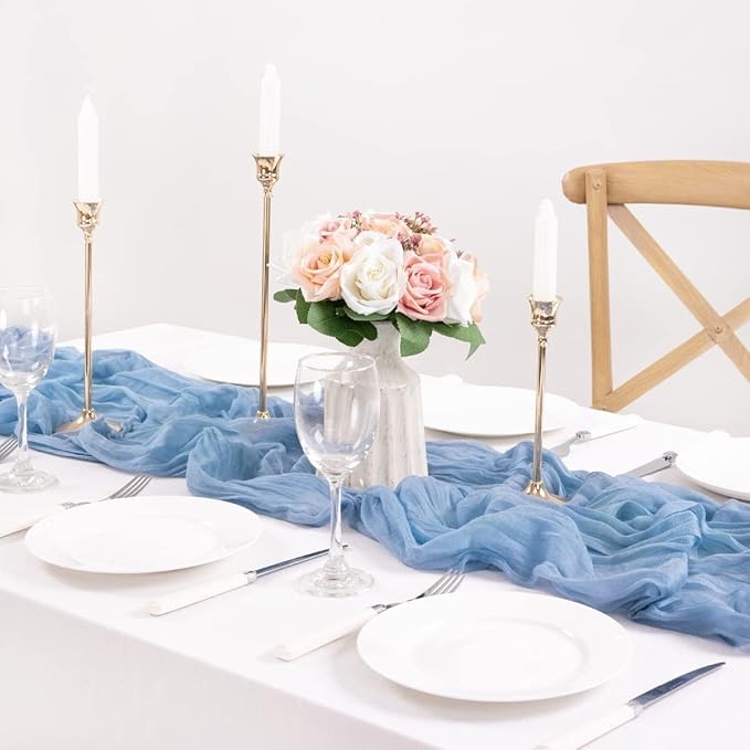 MLMC Dusty Blue Table Runner 10ft Boho Gauze Blue Cheesecloth Table Runner Rustic Cheese Cloth Centerpiece 35x120 Inches for Wedding Bridal Shower Baby Shower Party Decor