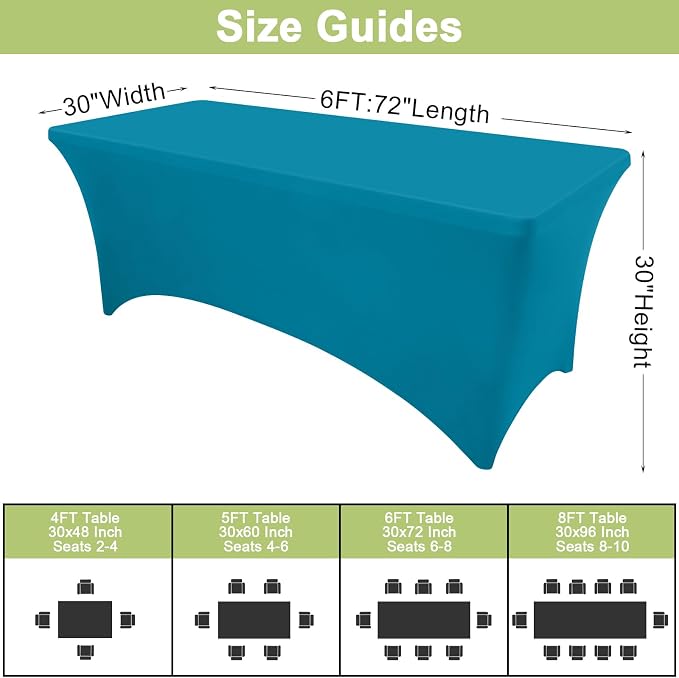 Moosfor Spandex Elastic Fitted 6FT Rectangle Tablecloth 6 Pack, Stretch Washable Reusable Table Cover for Outdoor Picnic, Dining, Wedding, Banquet & Party Events (Turquoise, 72Lx30Wx30H Inch)