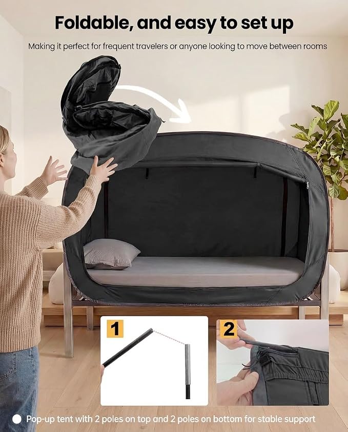 ANC POP Bed Tent Twin Bed Canopy Portable Dream Tent for Adult Indoor Sleeping Tents with 2 Doors Breathable Private Space Tents, Black