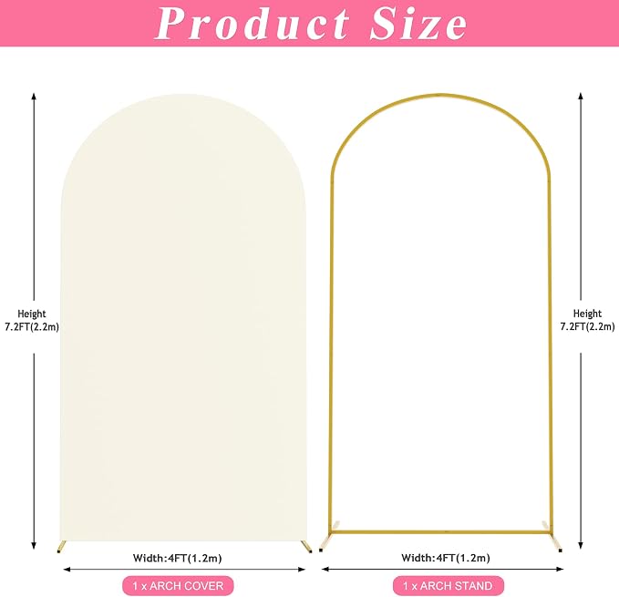 Putros Arch Backdrop Stand and Cover Set, 7.2ft, Gold Arch Stand with Ivory Cover, Metal Arched Background Frame for Wedding, Birthday Party, Baby Shower, Photography Decoration