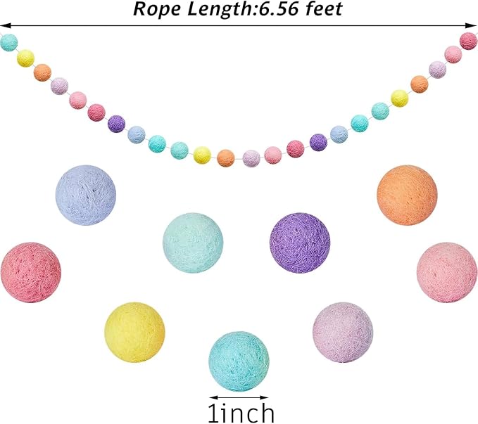WILLBOND 3 Pieces Wool Felt Rainbow Ball Garland Colorful Pom Pom 6.5 ft Long 24 Ball Garland for Easter Mardi Gras Classroom Halloween Thanksgiving Xmas (Rainbow Colors)