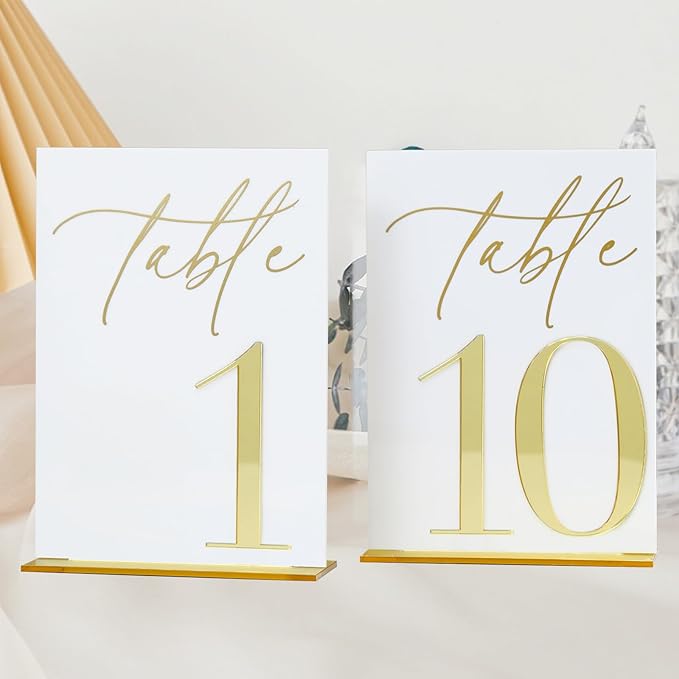 Acrylic Wedding Table Numbers 1-10 with Stands, 5"x7" White Acrylic Signs with Gold Mirror Fonts, White and Gold 3D Table Numbers for Wedding Reception, Anniversary, Event