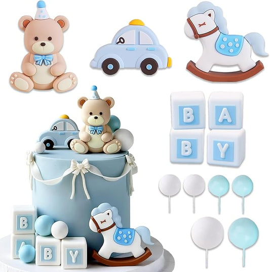 Blue-Themed Bear Birthday Cake Decoration Set – 13 Pieces Including Sitting Bear, Blue Car, Rocking Horse, Alphabet Blocks, Foam Balls & "We Can Bearly Wait" Cake Topper for Bear-Themed Parties