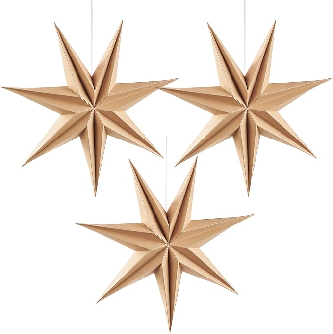 SUNBEAUTY 3 Pcs 7-Pointed Natural Paper Star Lanterns 12 Inch Christmas Hanging Lamp Rustic Paper Decorations Shade Wedding Birthday Christmas Home Party Decorations