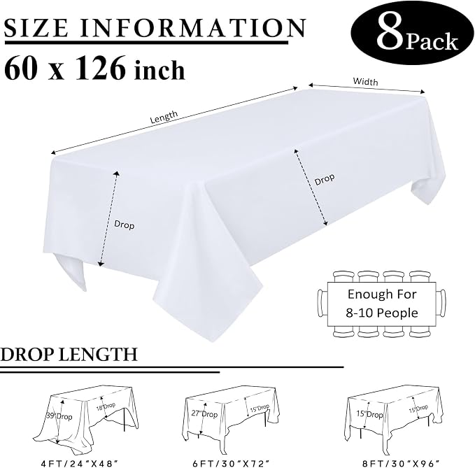 8 Packs White Table Cloth Rectangle 60x126 Inch for 8ft Rectangle Tables, Wrinkle Resistant Polyester Fabric Tablecloth Washable Rectangular Table Covers for Wedding Party Banquet Dining