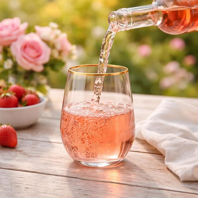 Oojami 40 Pack Diamond Disposable Wine Glasses Stemless 12 oz - Unbreakable Shatterproof BPA-Free, Reusable Recyclable Wine Cups for Wedding Birthday Party Cocktail Whiskey Champagne Pink Matte Gold