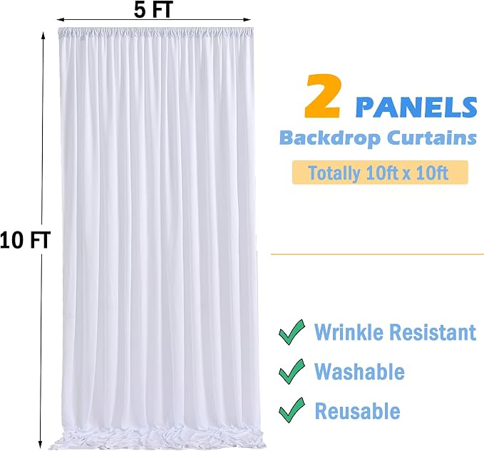 10x10ft Wrinkle Free White Backdrop Curtains for Party Background, 2 Panels 5x10ft Silky Polyester Photo Backdrop Drapes Back Drop Cloth for Wedding Birthday Photography Baby Shower Decor