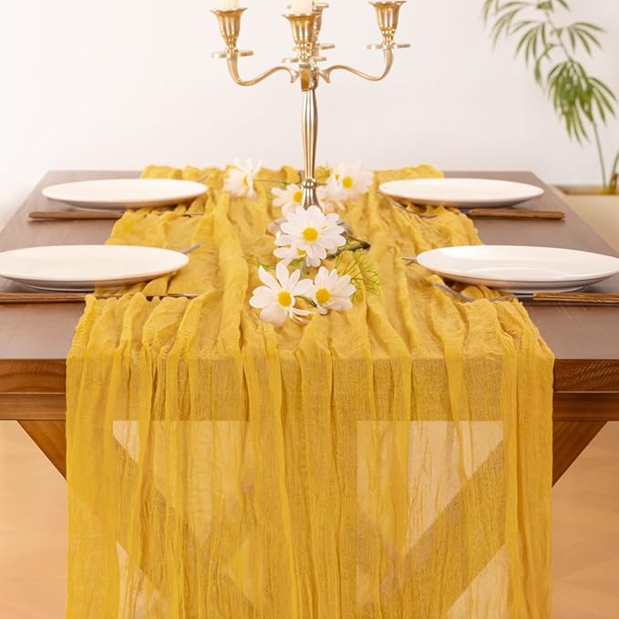 Socomi 3pcs Gold Yellow Summer Cheesecloth Table Runner Boho Rustic Gauze 120 inch 10FT Cheese Cloth Sheer Runner for Wedding Party Baby Shower Birthday Home Decor Holiday Decorations