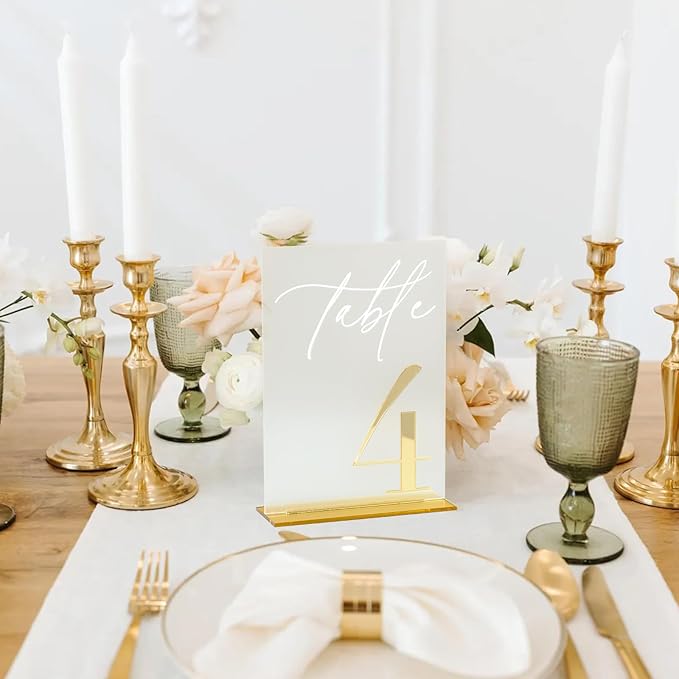 Acrylic Wedding Table Numbers 1-20 with Stands, 5"x7" Frosted Acrylic Signs with 3D Gold Mirror Numbers, Frosted and Gold 3D Table Numbers for Wedding Reception, Anniversary, Event