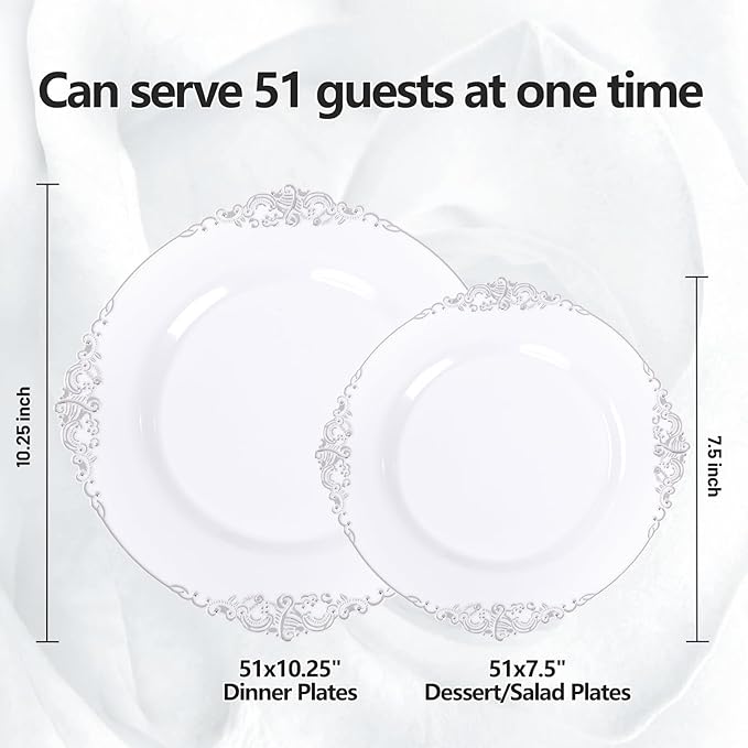 102PCS White and Silver Plastic Plates - Heavyweight Silver Plate - Wedding Plate with Silver Rim - Fancy Dinner & Dessert Plates for 51 Guests Weddings & Parties