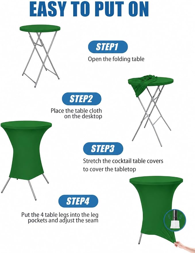 Cocktail Table Covers - 2 Pack 32x43 Inch Table Cloth - Green Fitted Stretch Spandex Round High Top Tablecloth for Party, Bar, Birthday, Pub, Banquet