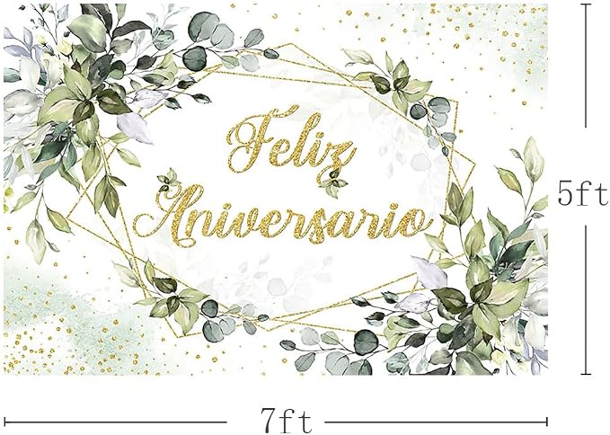 MEHOFOND 7x5ft Feliz Aniversario Backdrop Palm Leaves Happy Anniversary Wedding Valentines Mr and Mrs Background Engagement Party Banner Decorations for Photobooth Props