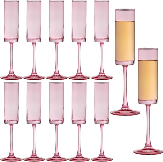 12 PCS Pink Crystal Champagne Flutes 6 OZ Wine Glass Long Stem Drinking Colored Glasses,Set of 12 Hand Blown Champagne Flutes Goblets for Wedding Cocktail Cups, Cava, Prosecco