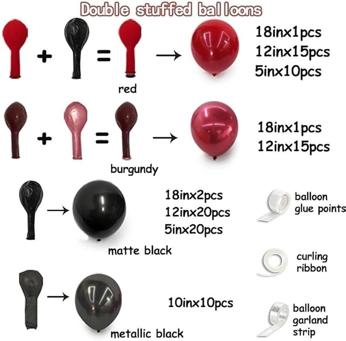 Black Red Balloon Arch Double Stuffed Black Burgundy Maroon Balloons Dark Ruby Red Metallic Balloon Garland Kit for Graduation Birthday Wedding Mother's Day Anniversary Party Decorations
