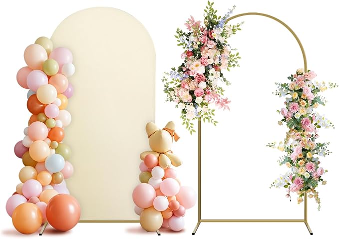 Arch Backdrop Stand and Cover Set, Metal Balloon Arch Backdrop 6.6ft, Gold Arched Stand Frame for Wedding, Parties,Birthday, Decorations (Beige,6.6ft)