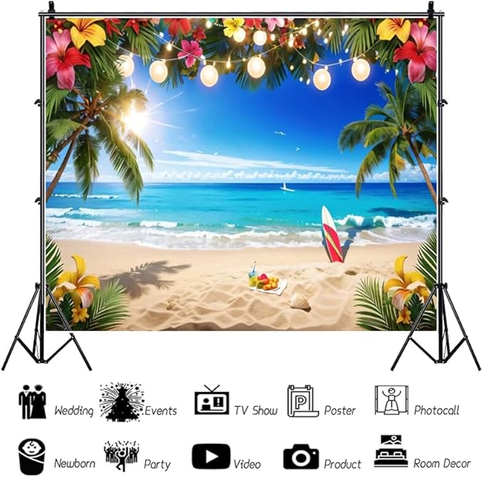 10x8ft Summer Beach Hawaiian Backdrop Tropical Palm Flower Seaside Scenery Hawaiian Photography Background Luau Party Decorations Backdrops Banner Studio Photo Booth Props