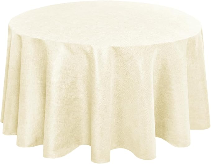 Hiasan Faux Linen Table Cloth 102 Inch Round - Wrinkle and Stain Resistant Decorative Farmhouse Polyester Fabric Tablecloth for Dining Kitchen Party Outdoor, Champagne