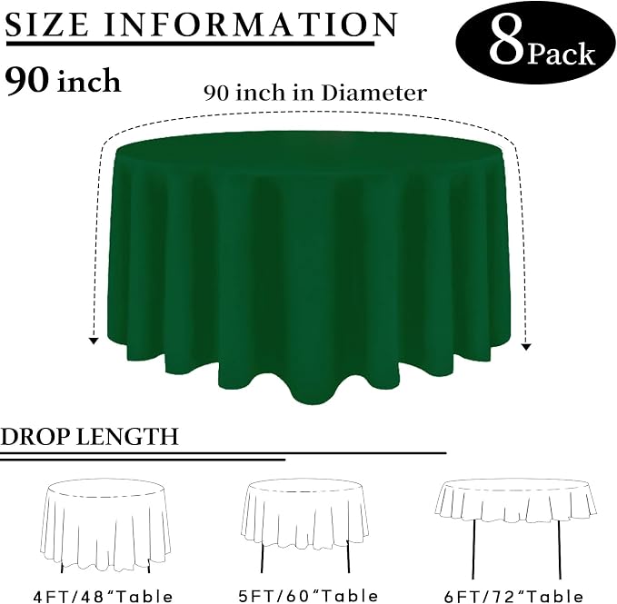 8 Packs 90 Inch Hunter Green Round Tablecloth in Diameter, Washable Polyester Fabric Tablecloths, Wrinkle Resistant Table Cloth for Wedding Party Banquet Dining