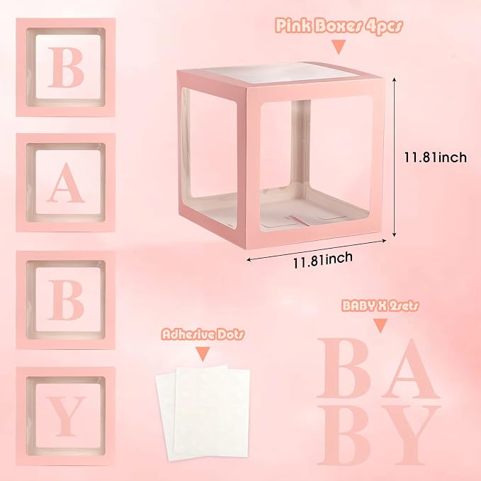 Baby Boxes with Letters for Baby Shower, Baby Shower Decorations with 4 Transparent Balloon Boxes for Girl Baby Shower Gender Reveal Decorations(Pink)