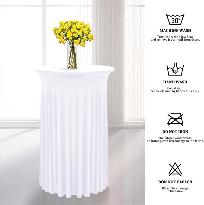 6 Packs Round Cocktail Table Skirt 32"x 43" Spandex Stretch Cocktail Tablecloth with Wavy Drapes, White Spandex Fitted High Top Table Covers for Wedding Bar Party Birthday Banquet Tables