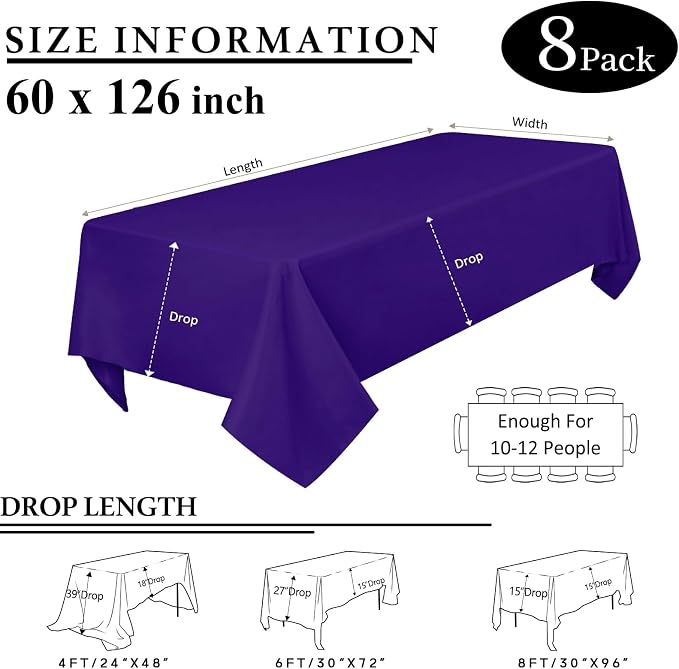 8 Packs Purple Tablecloth Rectangle 60x126 Inch Rectangular Table Cloths for 8ft Rectangle Tables, Wrinkle Resistant Polyester Fabric Tablecloth Washable Table Covers for Wedding Party Decor