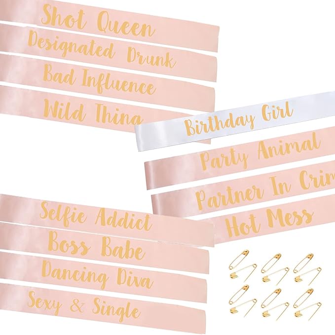 12-Piece Birthday Sash Set - White Girl Sash + 11 Rose Gold Party Sashes for Women's Birthday Party Favors