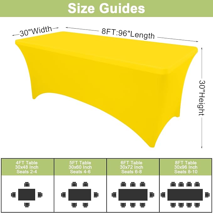 Moosfor Spandex Elastic Fitted 8FT Rectangle Tablecloth 6 Pack, Stretch Washable Reusable Table Cover for Outdoor Picnic, Dining, Wedding, Banquet & Party Events (Yellow, 96Lx30Wx30H Inch)