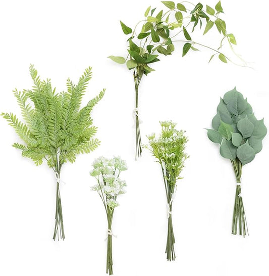 Ling's moment Artificial Greenery Stems Box Set, 71pcs with 5 Kinds of Faux Greenery Picks for DIY Bridal Bouquets Wedding Floral Arrangement Table Centerpieces, Light Green & White
