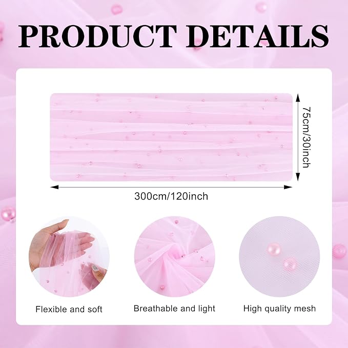 BINBE 12pcs Pearl Table Runner Spring Summer Rustic Boho 10ft Tulle Table Runner for Baby Shower Wedding Veil Holiday Dessert Table Decor Pink