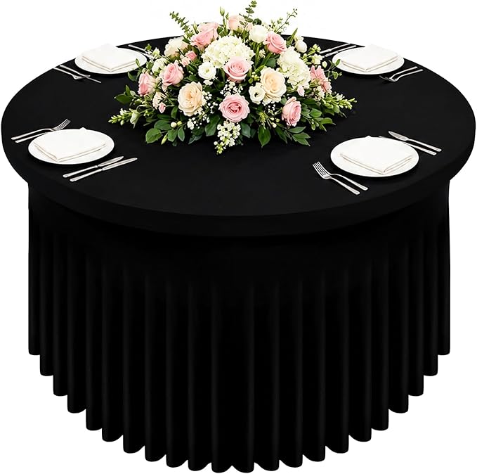 Smiry Round Spandex Tablecloth, Elastic Fitted Washable Tablecloths for 48 Round Tables, Waterpoof Stretch Table Cover Skirt for Wedding, Outdoor, Banquet & Parties, Black