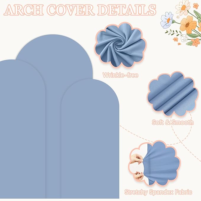 Metal Arch Stand and Cover Set 7.2FT, 6.6FT, 6FT Dusty Blue Arch Cover Set of 3 Gold Arched Frame Balloon Background Arches Stand with Cover for Wedding Ceremony Birthday Party Baby Shower Decor