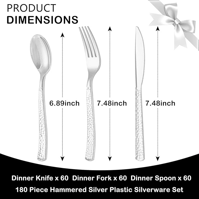 Supernal 180Pcs Silver Plastic Silverware Set, Elegant Hammered Design Heavy Duty Disposable Cutlery, Includes 60 Forks, 60 Knives, 60 Spoons,Silver Plastic Utensils for Wedding, Parties,Events