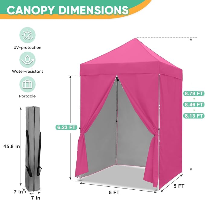 5x5 Pop Up Canopy Tent with Four Sidewalls, Instant Portable Beach Canopy, Outdoor Tent with Carry Bag for Camping, Sports, Tailgating, Events, Pink