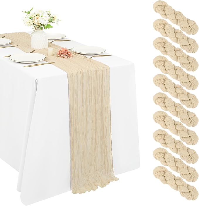 10 Pack Cheesecloth Table Runner 17 x 108 inch Long Boho Gauze Table Runners Semi Sheer Table Runner for Wedding Decor, Baby Shower, Birthday Party, Banquet (Beige)