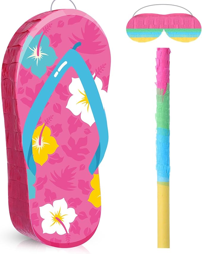 Blosssound Flip Flop Piñata Summer Themed Party Decorations Hibiscus Slippers Piñata with Blindfold Stick for Tropical Hawaiian Luau Beach Pool Theme Birthday Baby Shower Decor Supplies