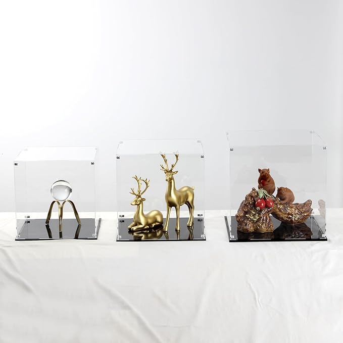 12 Inch Clear Acrylic Case for Display, Cube Clear Display Acrylic Box for Collectibles, Alternative Glass Case with Black Base for Display Figures Home Storage Organizing Toys Arts Showcase