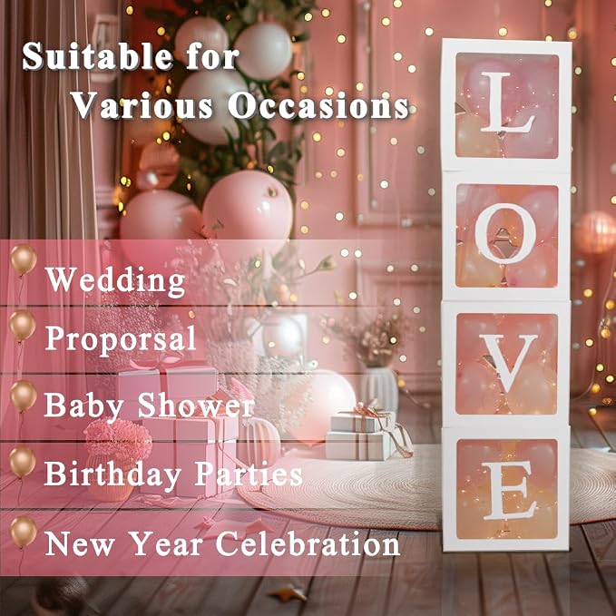 Ledido Baby Boxes with Letters for Baby Shower Decorations, 4 Pcs Transparent Balloon Boxes Blocks with Fairy String Lights, Clear Balloon Boxes for Boy Girl Gender Reveal 2026 HOCO Party Decor(White)