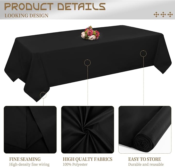 4 Pack Black Tablecloth - 60 x 102 Inch Rectangle, Wrinkle Resistant Washable Polyester Table Cover for Wedding, Dining Table, Buffet Parties and Camping