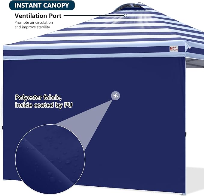 MASTERCANOPY 10x10 Pop Up Canopy Tent with 1 Sidewall, 1 Person Setup Instant Shelter, Outdoor Portable Beach Canopy, 1 Roller Bag, 4 Sandbags, 4 Ropes, 8 Stakes (10x10, Navy Blue Stripes)